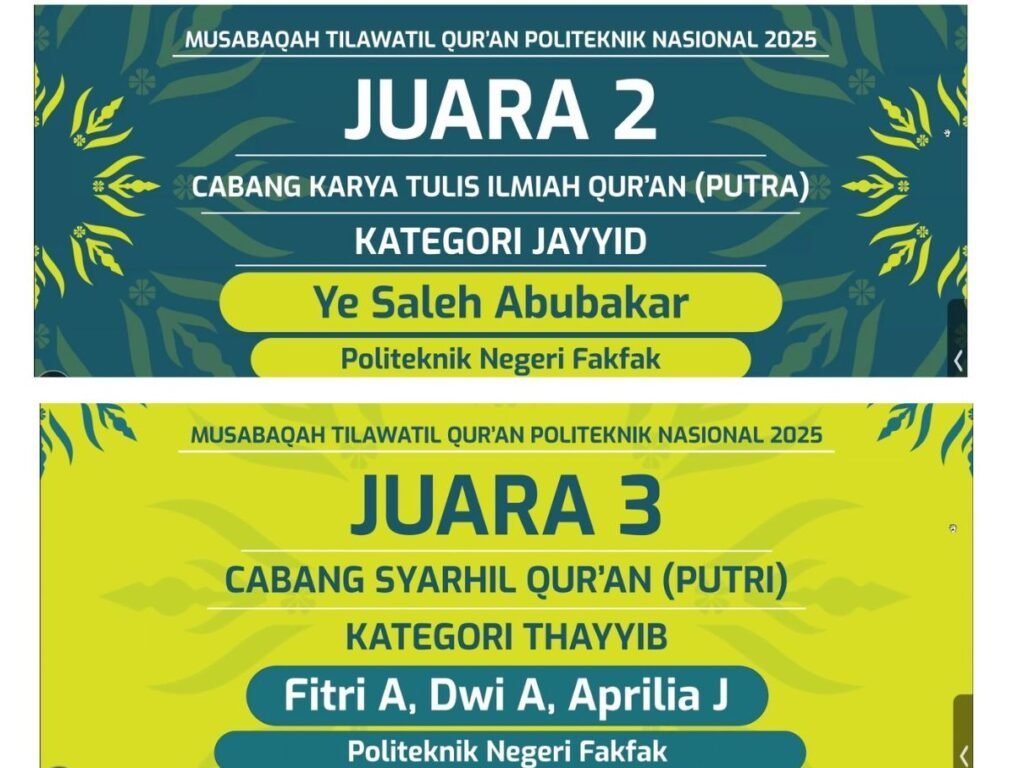 Politeknik Negeri Fakfak Raih Prestasi di MTQ Politeknik Nasional 2025